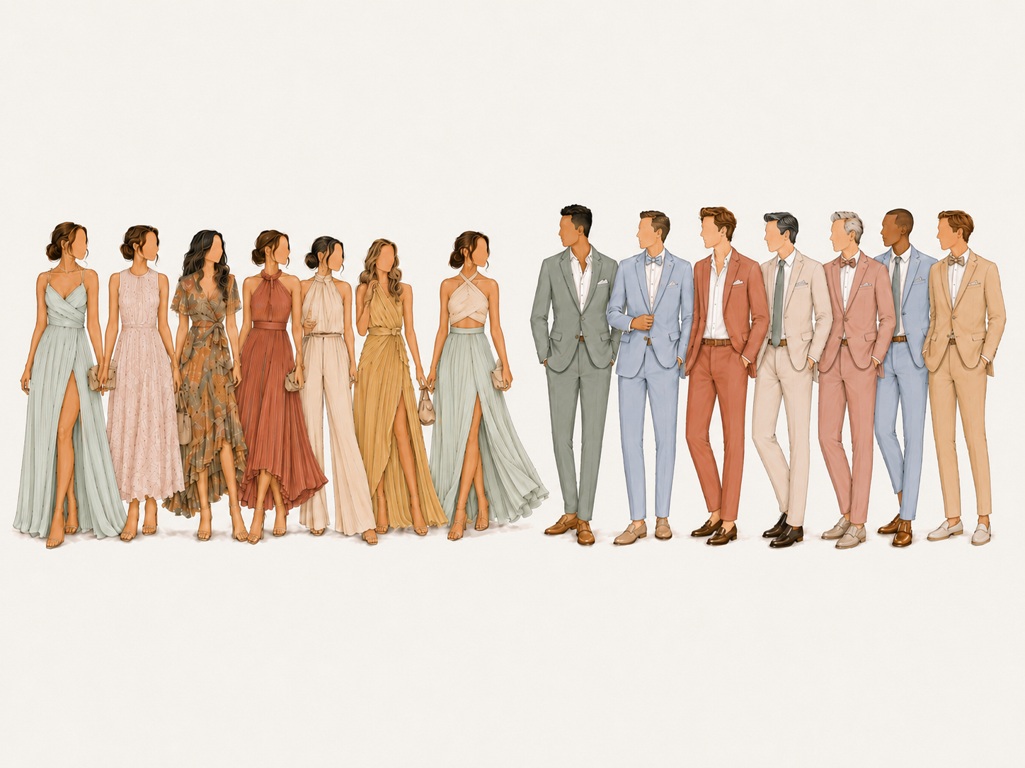 Illustration zum Dresscode Summer Chic mit Kleidern und Anzügen in sommerlichen Farben