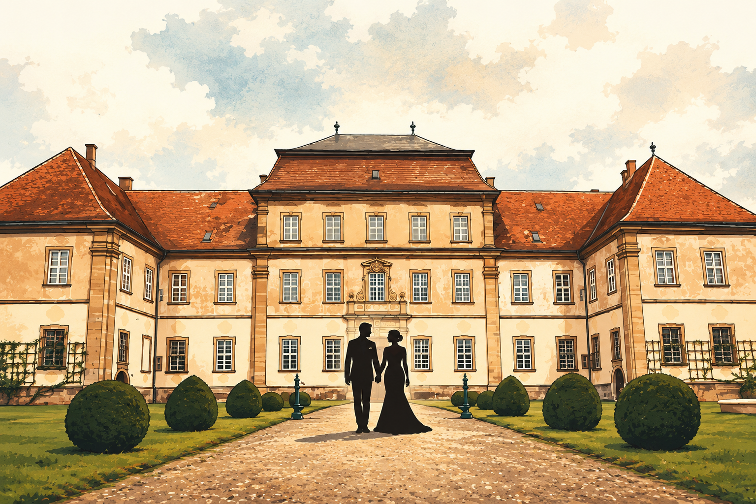 Karikatur vom Schloss Sulzheim mit Silhouette des Brautpaares